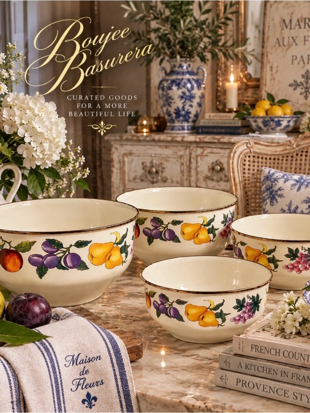 Vintage TableTops Unlimited Essence Fruit Enamelware Bowls Set of 4